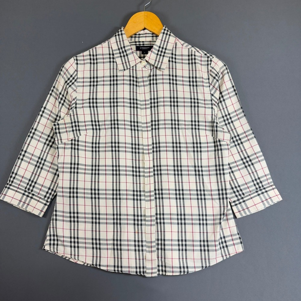 Burberry London Nova Check Plaid Shirt Button Front 3/4 Sleeve Women's Large